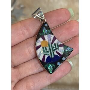 Southwest 925 Sterling Silver Inlaid Malachite Opal Sunrise Green Cactus Pendant
